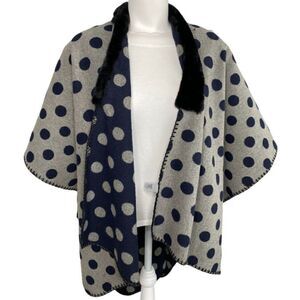 LOFT Cardigan Wrap Women's MEDIUM Blue Gray Polka Dots Faux-Fur Collar Draped‎